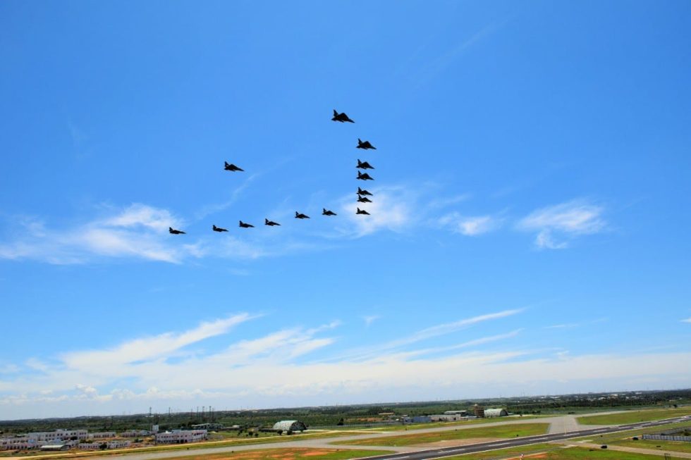 Tejas jets in formation over Sulur air base in southern India.