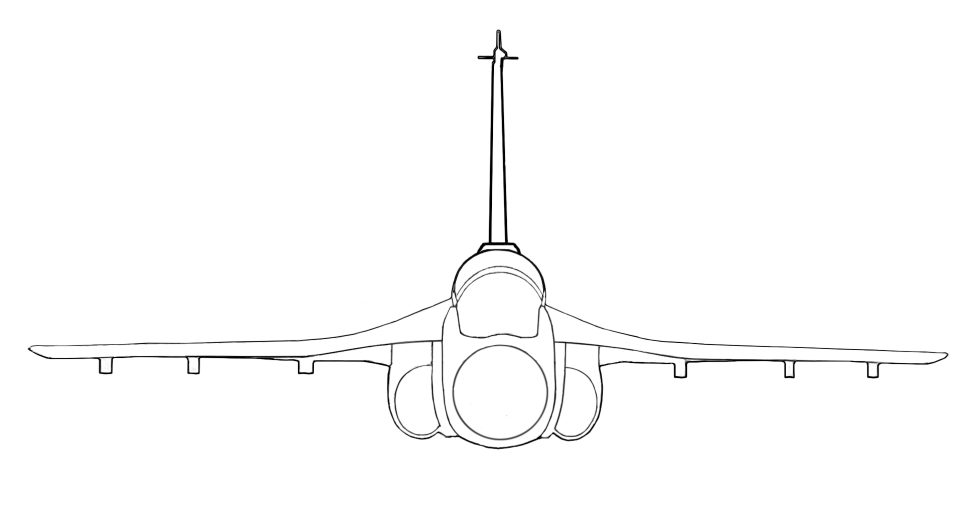 Head-on: the tailless compound-delta planform and single air intakes.
