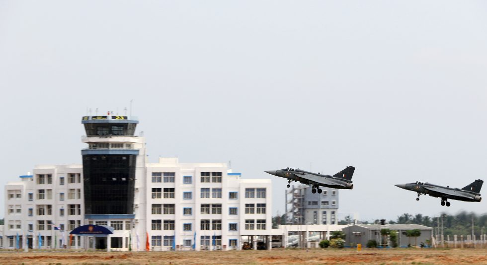 A pair of Tejas on a sortie marking a squadron commissioning.