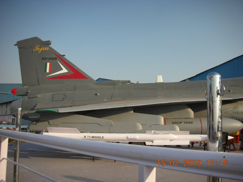 A Tejas carrying an R-73 air-to-air missile and a centreline drop tank.