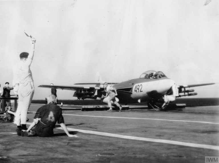 A Royal Navy Sea Hawk of 899 NAS on the catapult of HMS Eagle during the 1956 Suez Crisis.