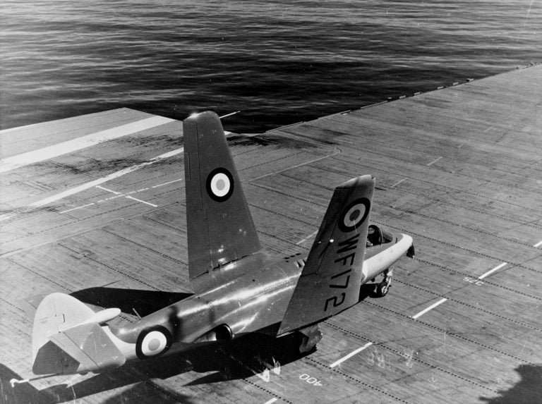 A Sea Hawk F.1 with its wings folded for carrier stowage, 1953 a key feature for below-deck operations.