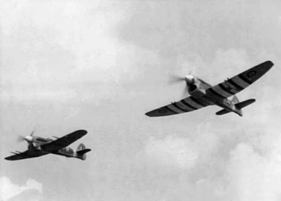 A Hawker Typhoon and Tempest V of 486 Squadron seen from below in 1944  parent and refined offspring together.