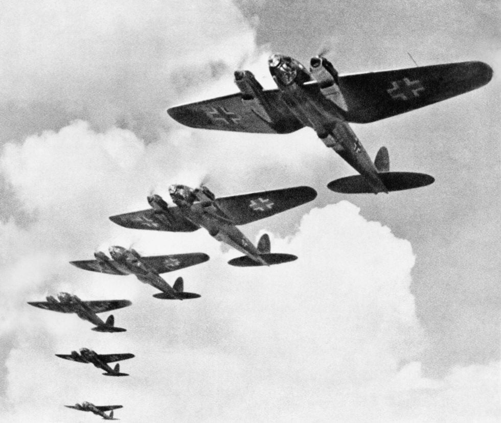 A Heinkel He 111 in flight the fully-glazed nose clearly visible.