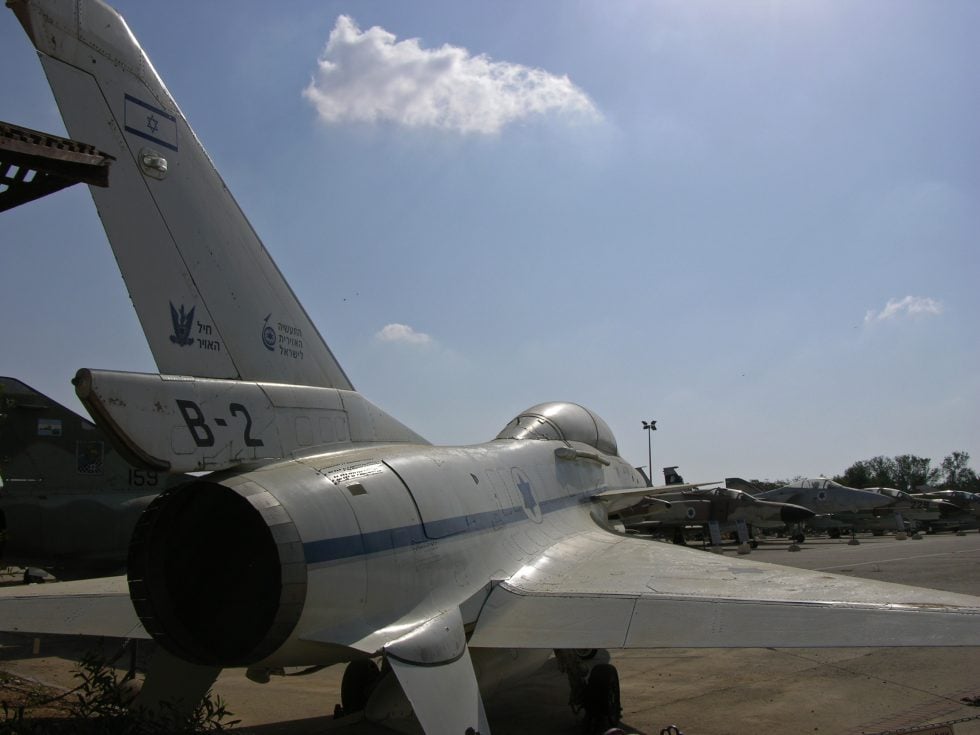 A detail view of the preserved Lavi  delta wing, canards and prototype markings.