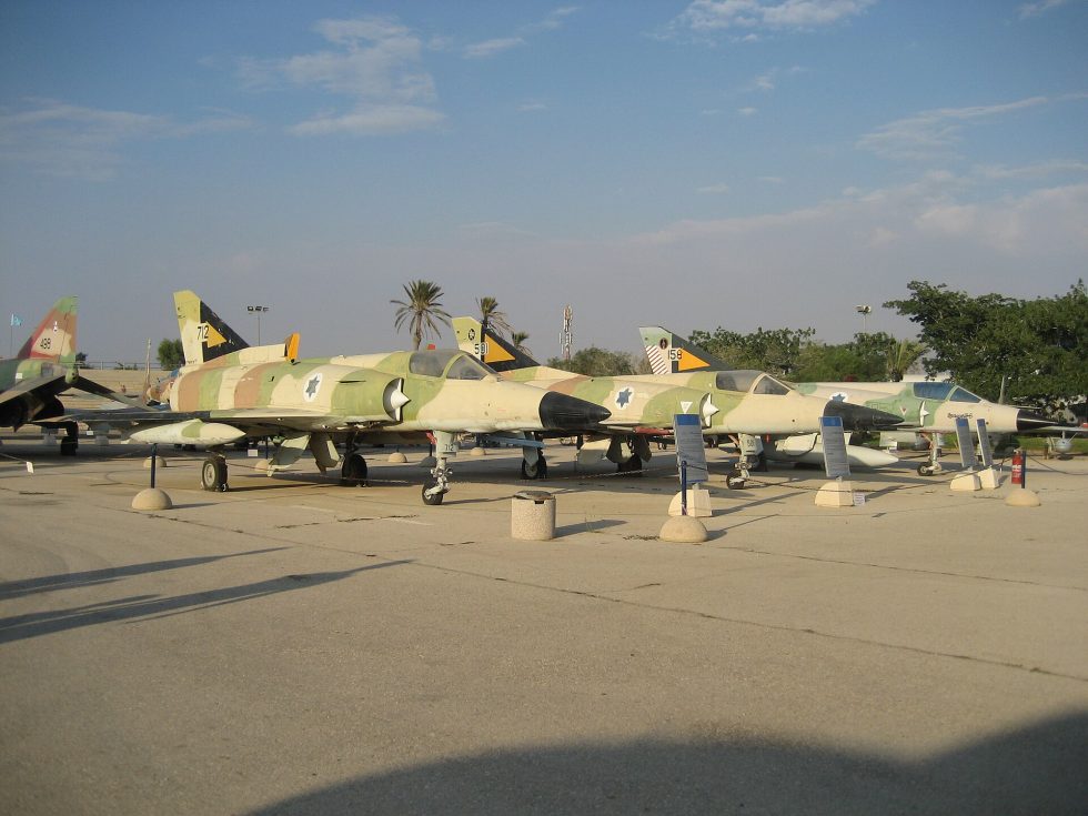 A line of delta-winged Mirage and Nesher fighters at Hatzerim.