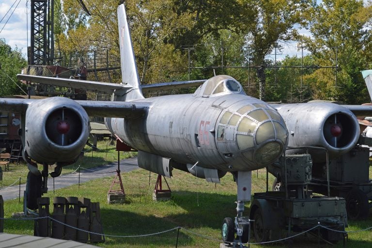 An Ilyushin Il-28 Beagle preserved on display, showing the twin underwing engine nacelles.