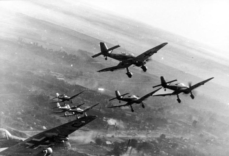 Junkers Ju 87 Stuka dive bombers in formation  the type that spearheaded the early Blitzkrieg.