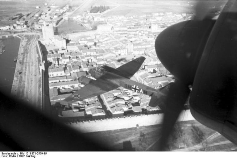 A Ju 88 over a European city  the type flew as a fast level and dive bomber across the Western Front.
