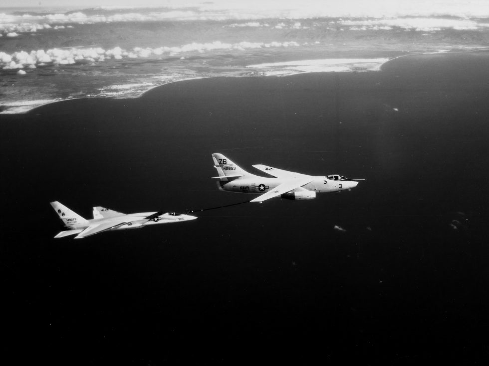 A KA-3B tanker of VAH-4 refuels an RA-5C Vigilante  the Whales most valued second career, the flying gas station.