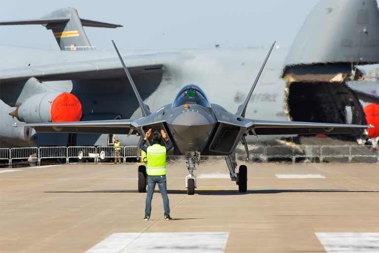 A head-on view of the KF-21, showing its twin-engine, stealth-influenced shaping.