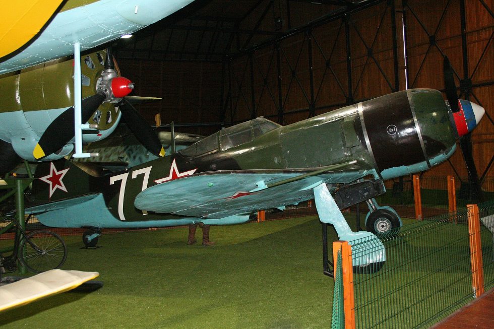 A preserved La-7 marked 77 white  the clean, compact lines of the late-war fighter.