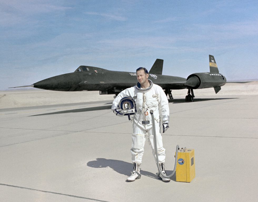 NASA test pilot Don Mallick in a full pressure suit before YF-12A 60-6935.