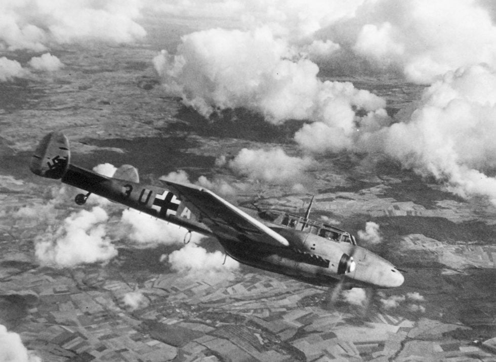 A Messerschmitt Bf 110C of ZG 26 in flight, circa 1940  the day Zerstrer in its element.
