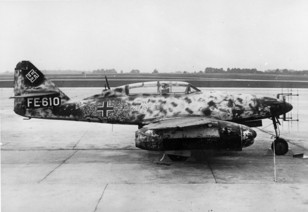 A captured Me 262B-1a in postwar Allied evaluation markings (FE-610).