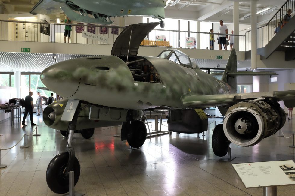 An Me 262 on display at the Deutsches Museum the slender fuselage and swept wing.