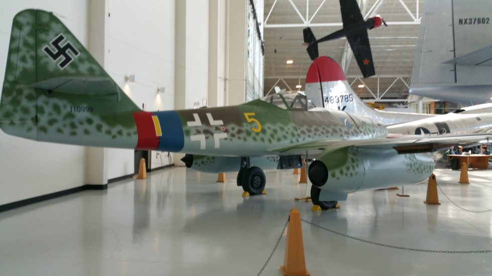 A preserved Me 262 at the Evergreen Aviation Space Museum, showing the twin-nacelle layout.
