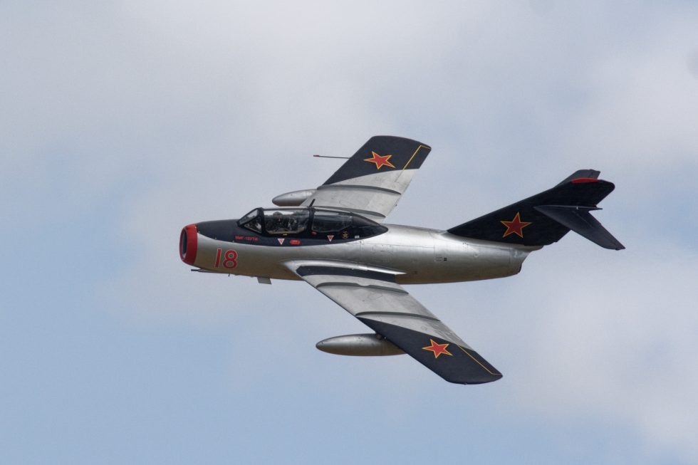 A two-seat MiG-15 UTI Midget in flight the configuration flown today with MiGFlug.