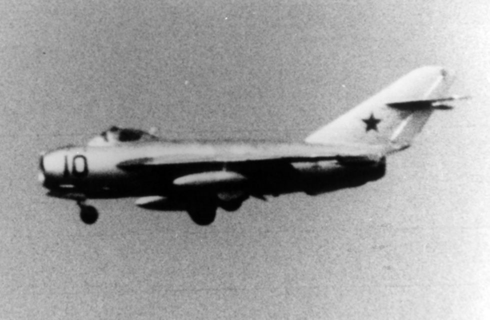 A MiG-17 in flight with its landing gear extended, photographed by the U.S. Navy.