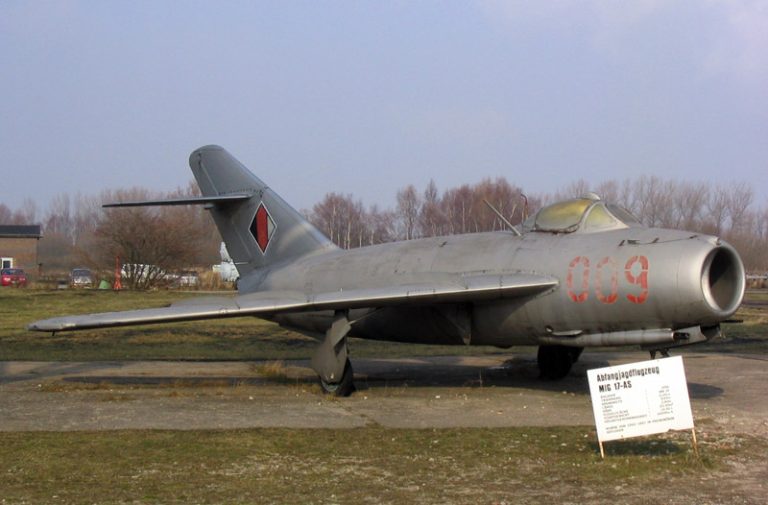 Side profile of a MiG-17 on the ramp, showing the compact swept-wing airframe.
