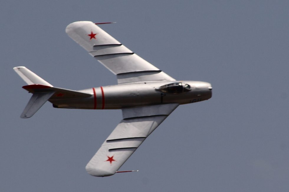 Top view of a MiG-17F the swept wing and boundary-layer fences that defined the type.