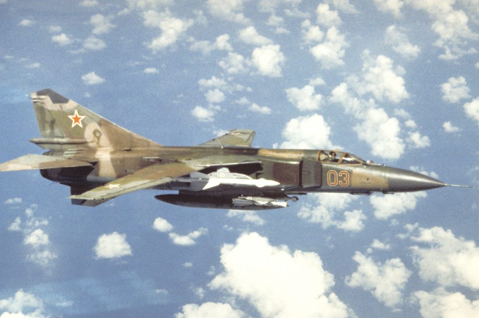 A Soviet MiG-23 Flogger  for a decade the most numerous fighter in Soviet Frontal Aviation.