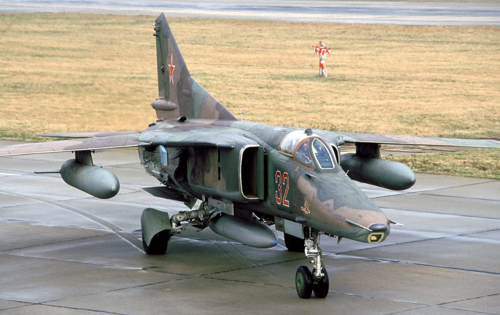 A MiG-27 on display  the swing-wing strike aircraft in profile.