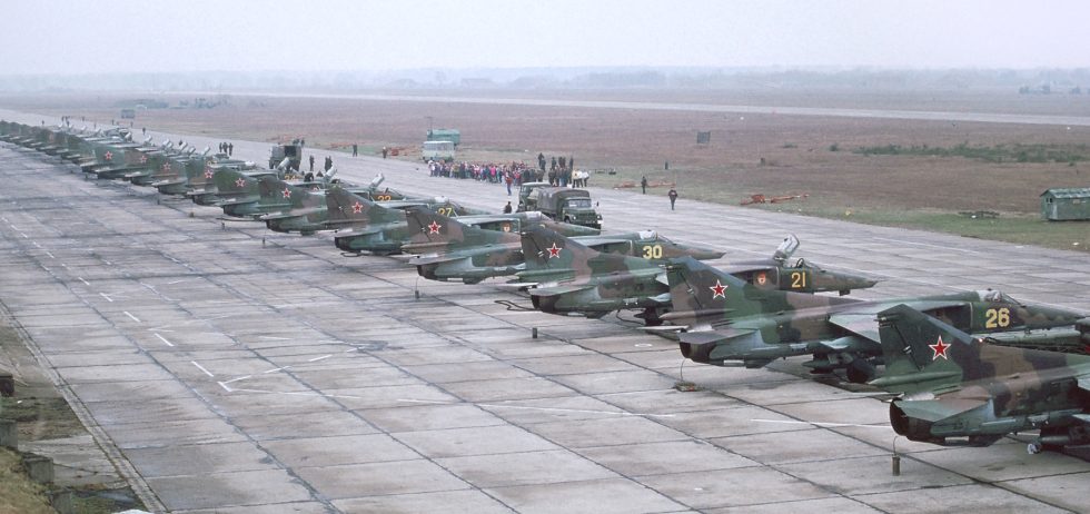A preserved MiG-27 with its variable-geometry wing clearly visible.