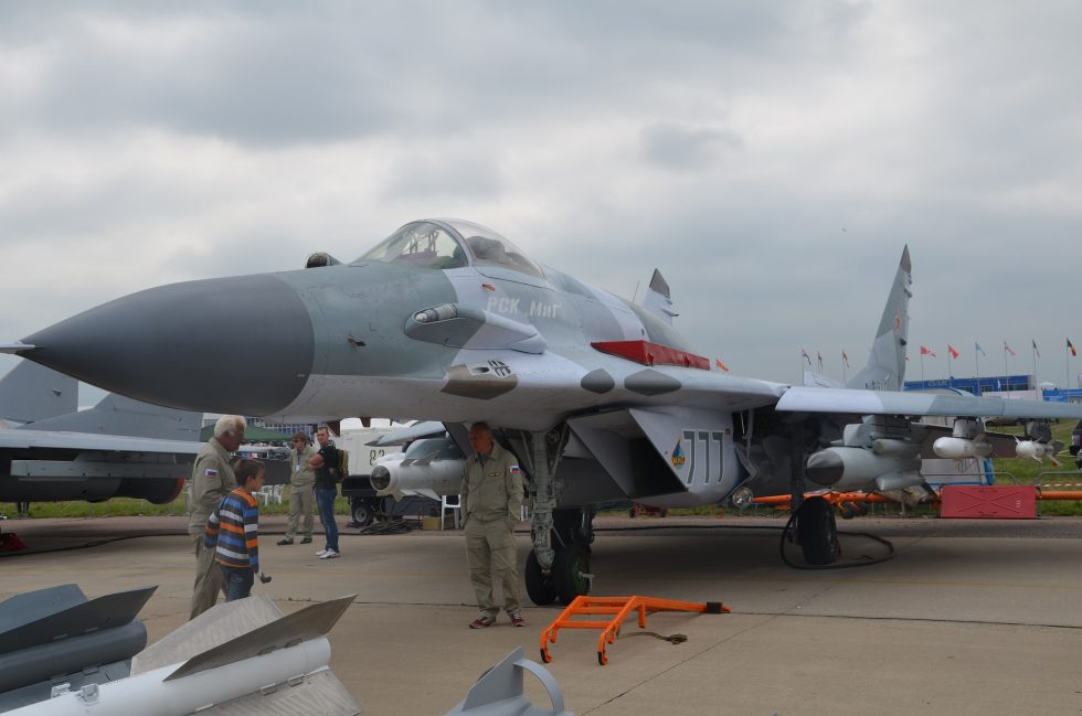 A MiG-29S in a high-alpha airshow pass  the lift-body aerodynamics on display.