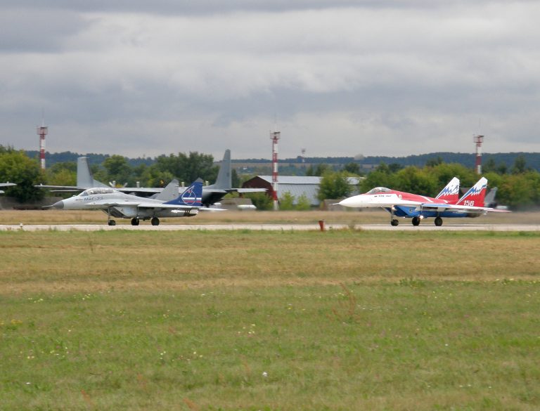 A MiG-35 beside a MiG-29 OVT thrust-vectoring demonstrator the family it grew from.