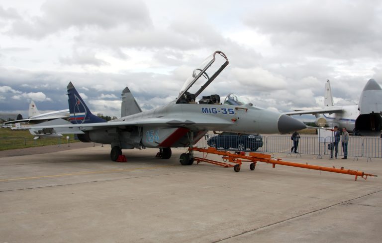 A MiG-35 head-on; the twin-engine layout and wide fuselage are pure Fulcrum lineage.