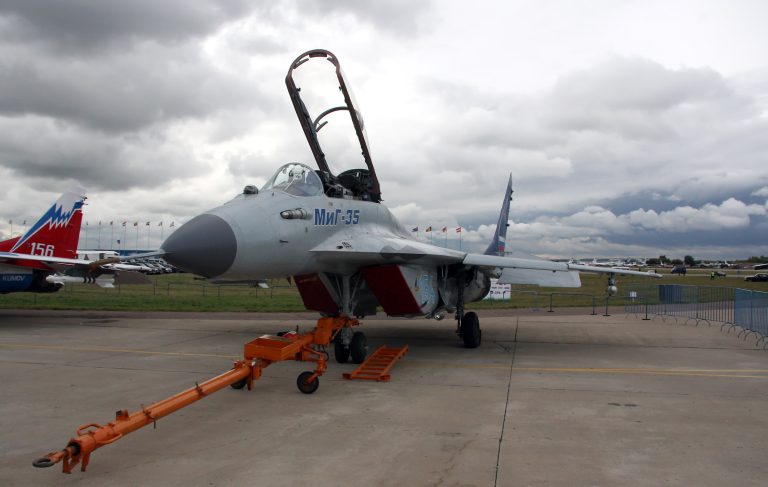 A MiG-35 in side profile at MAKS-2009, laden with a representative weapons fit.