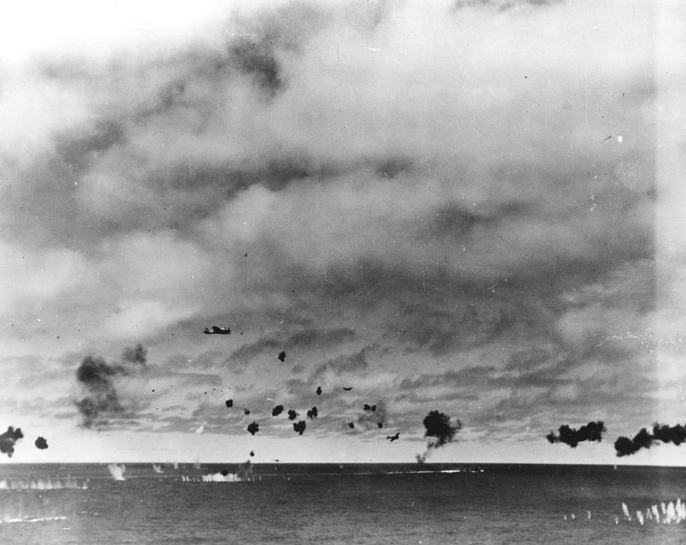 B5N torpedo bombers attacking the carrier USS Yorktown at the Battle of Midway, June 1942.