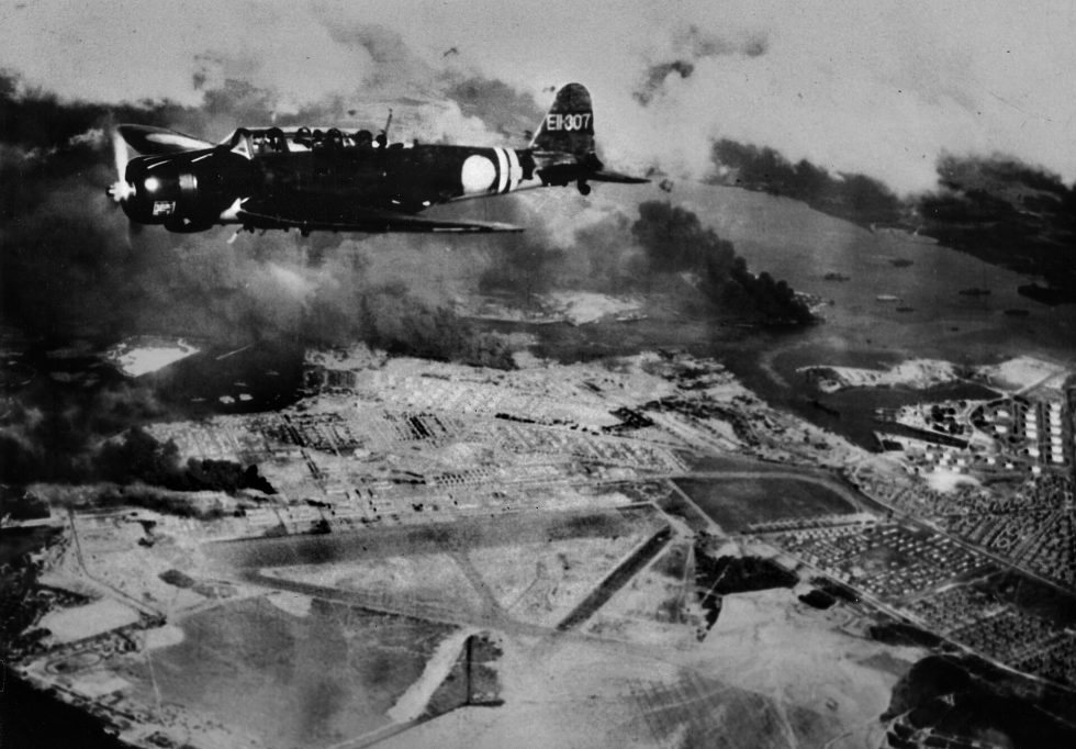 A B5N2 over Hickam Field during the attack on Pearl Harbor, 7 December 1941.