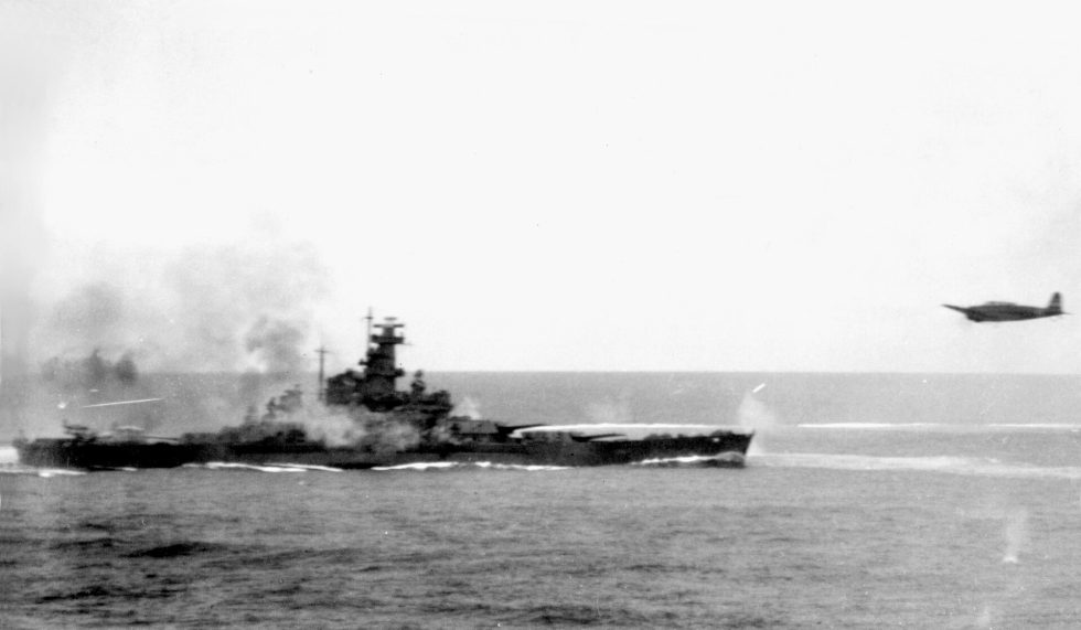 A B5N2 presses home its attack near USS South Dakota at the Battle of the Santa Cruz Islands, 26 October 1942.