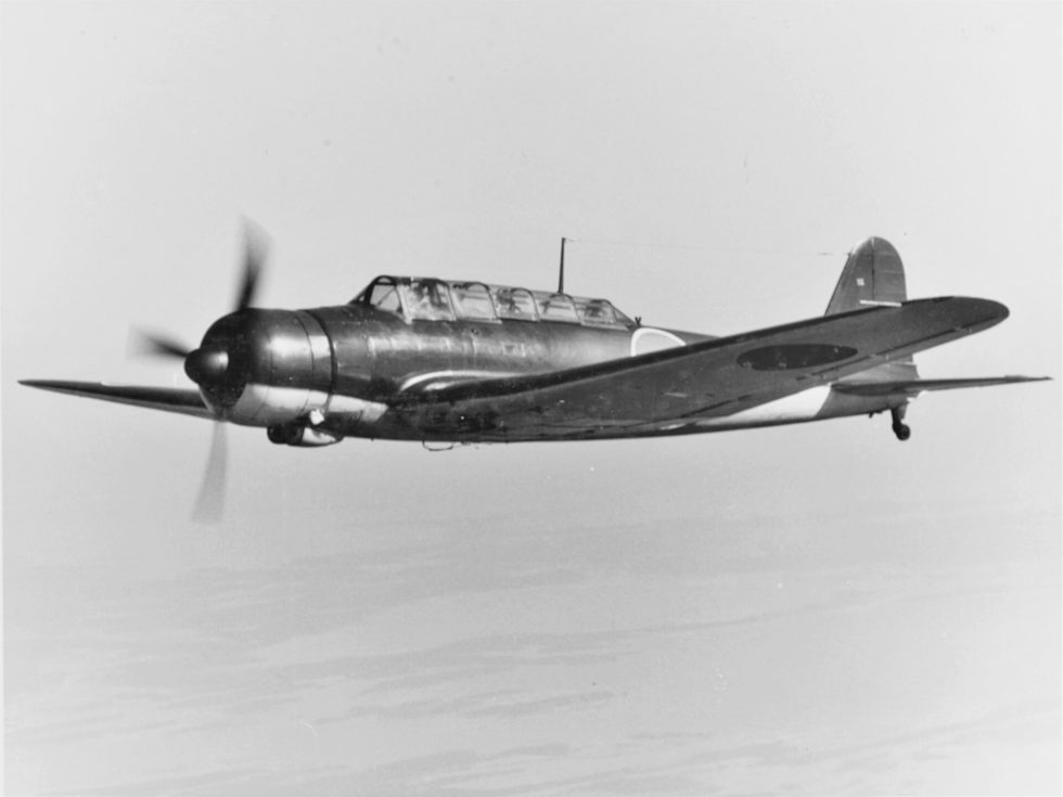 A Nakajima B5N2 Kate in flight in 1941 the finest carrier torpedo bomber in service.