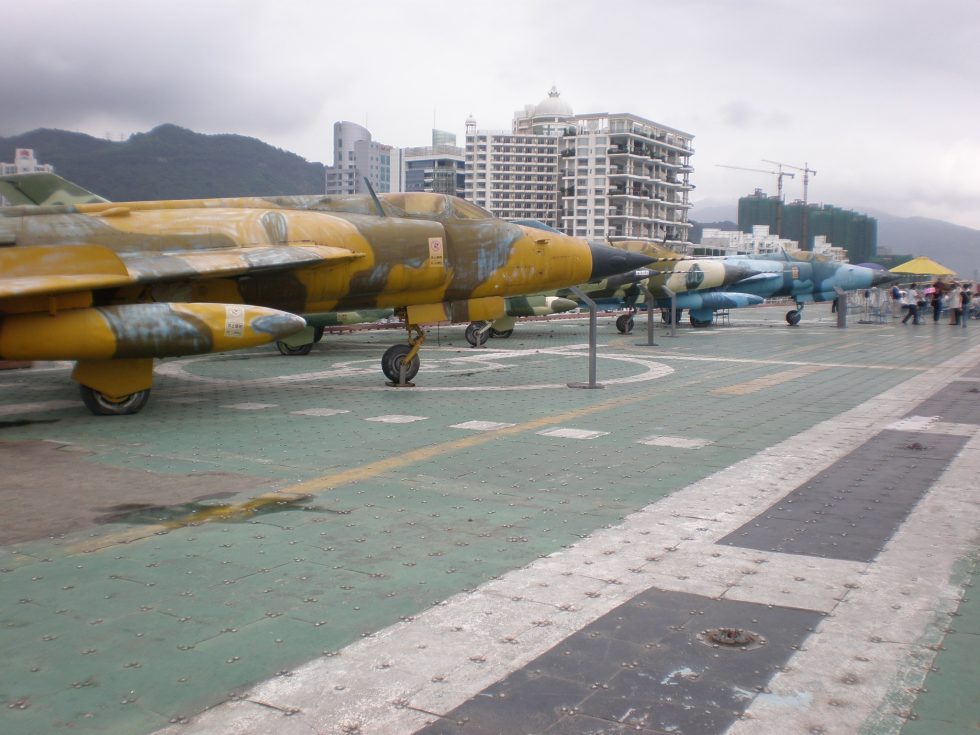 Three Nanchang Q-5s on display aboard the former carrier Minsk  a clear view of the side intakes and nose profile.