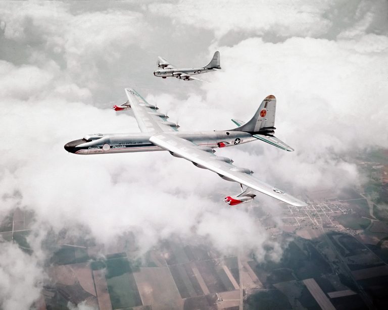 The one-off NB-36H reactor testbed flying with a B-50 escort in 1955.