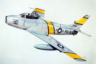 A three-view line drawing of the F-86 Sabre the shape that defined the jet age.