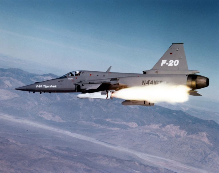 An F-20 Tigershark (N4416T) launching an AGM-65 Maverick the aircraft was a genuine multirole platform, not just a day fighter.