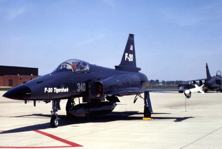 A Tigershark in a disruptive camouflage scheme the jet was pitched hard as an affordable frontline and aggressor aircraft.