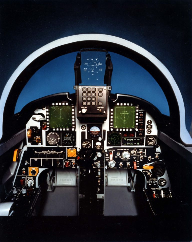 The F-20 cockpit a wide-field HUD and modern displays gave the light fighter all-weather, BVR capability the F-5 lacked.