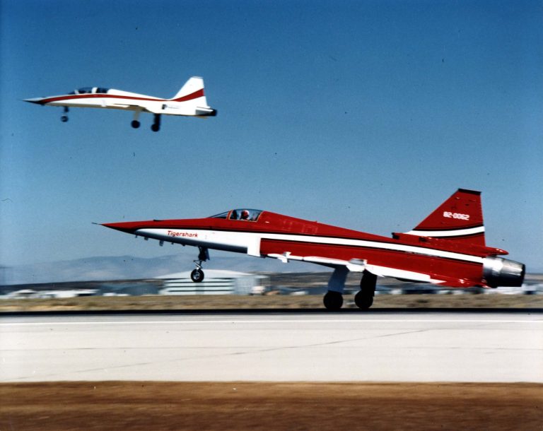 A Tigershark in Northrop house colours on takeoff the single F404 gave it startling acceleration for a light fighter.