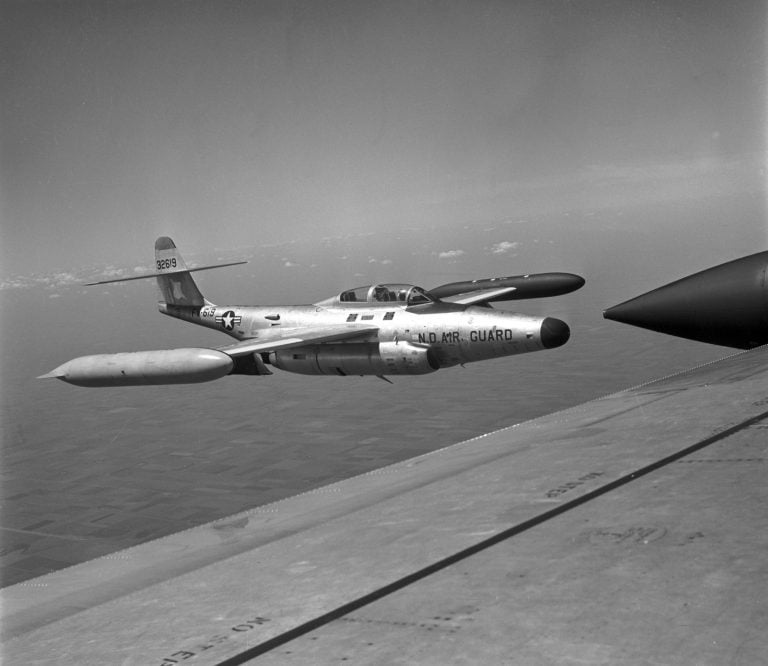 An F-89 Scorpion in flight the big straight-winged, twin-jet US all-weather interceptor.