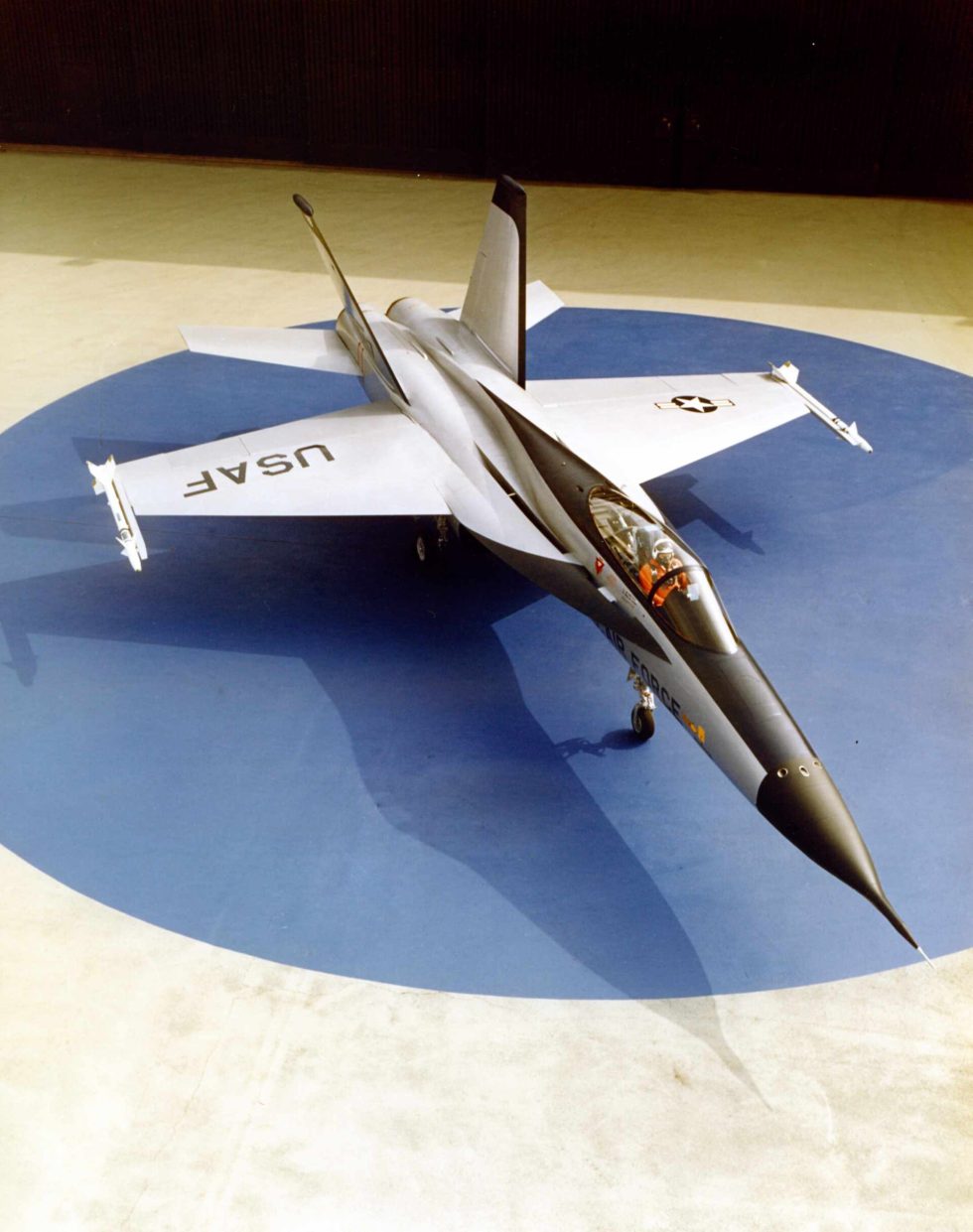 YF-17 prototype 72-1569 on the ramp, showing the blended fuselage and closely-spaced twin engines of Northrops Cobra.