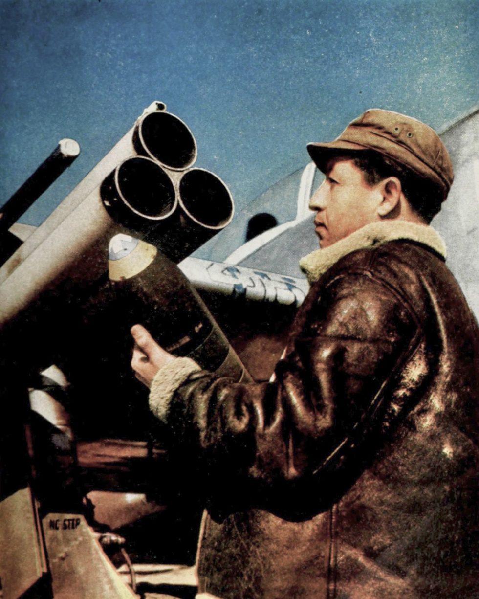 A 4.5-inch rocket loaded between the guns and bombs the Jugs fighter-bomber punch.
