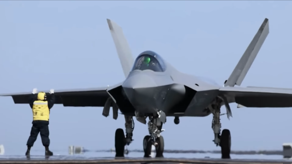 A PLA Navy J-35 on the deck of the carrier Fujian, the intended home of the naval variant.