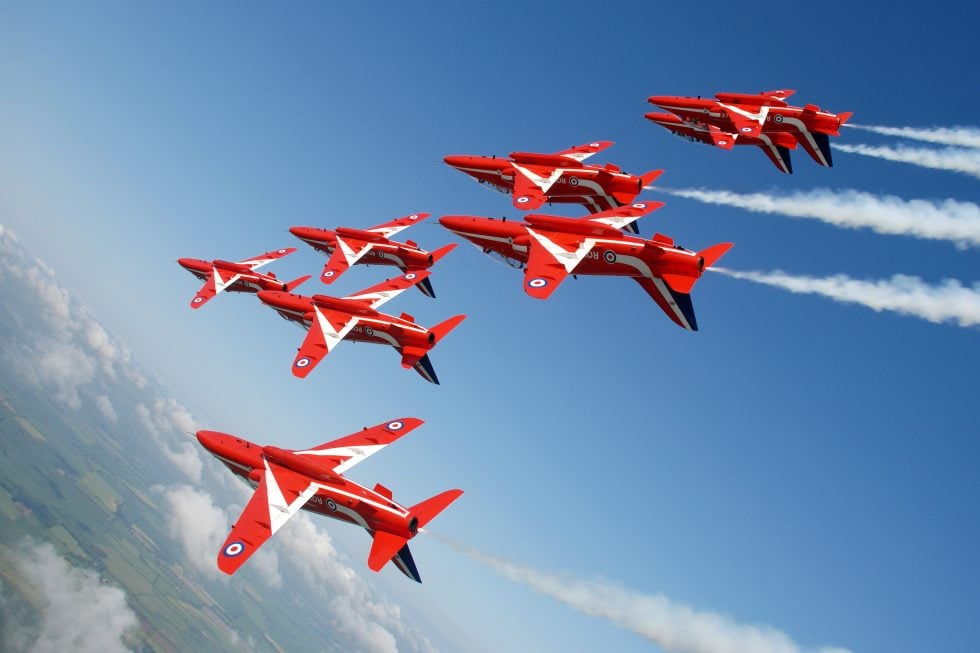 The Red Arrows roll inverted in tight formation  the Hawks most famous role.