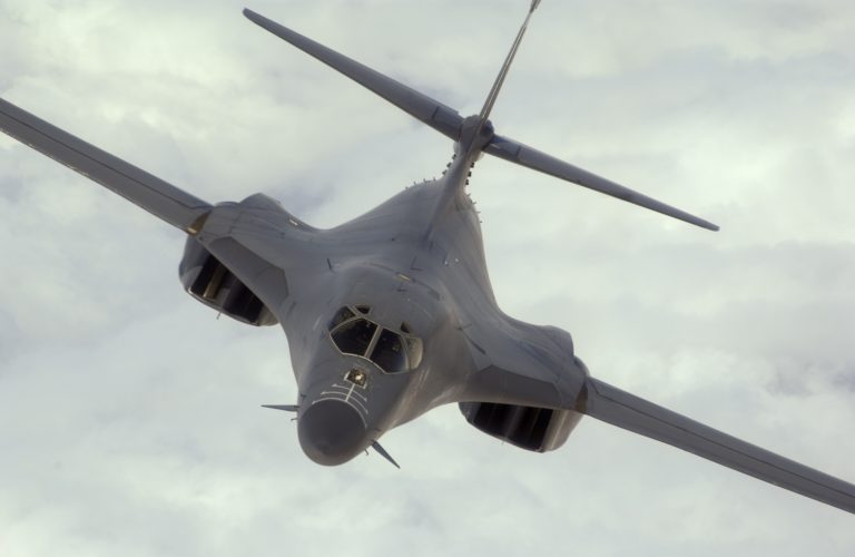 A Rockwell B-1B Lancer in flight the variable-sweep supersonic heavy bomber.