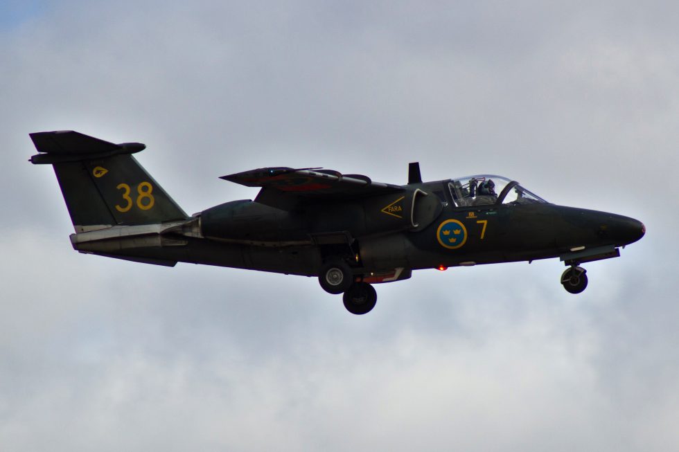 A Swedish Air Force Sk 60 in flight  Saabs longest-serving aircraft.